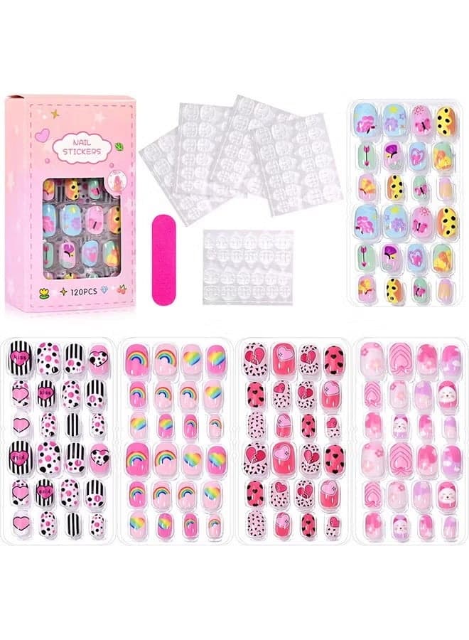 Nail Stickers —False Nails Multicolour,120Pcs 5 Days Cute Design Nail Tips for Children Press On False Nails Set Manicure DIY
