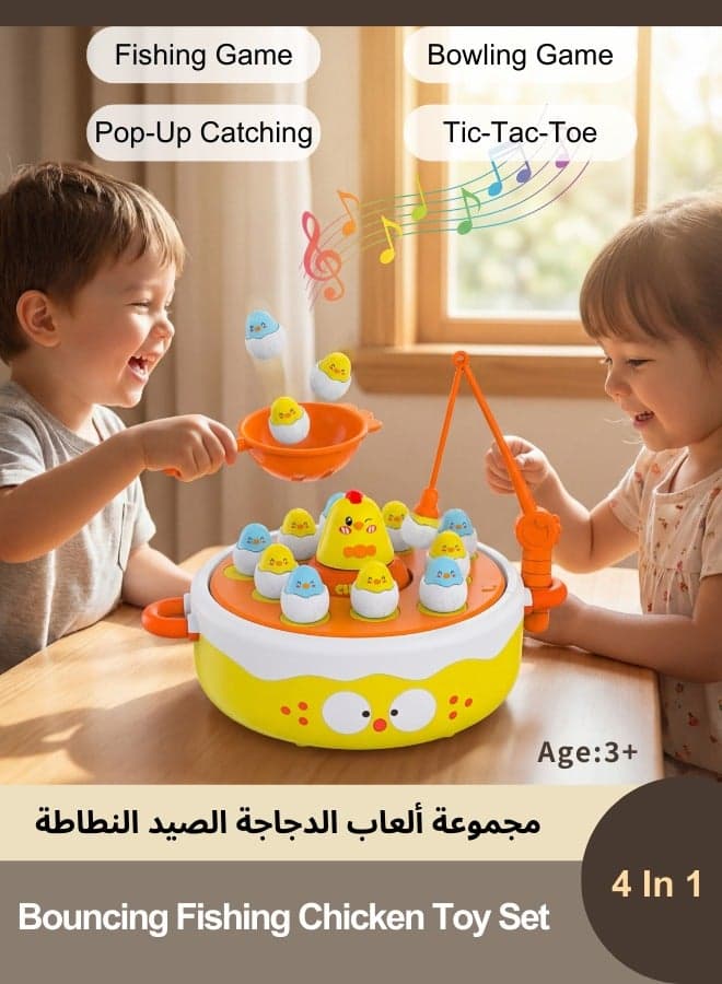 4-in-1 Pop-Up Catching Game Toy Set for Kids 3+, Magnetic Fishing Game with Rotating Platform & Music, Noughts & Crosses, Bowling Play Modes, Early Development Toy for Focus & Hand-Eye Coordination, Gift for Boys Girls 3-6 Years