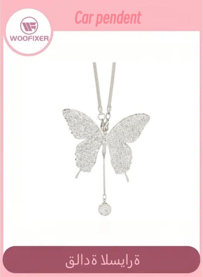 Elegant Butterfly Car Rearview Mirror Ornament - Shiny White Diamond-Accented Hanging Accessory for Car Interior Decoration
