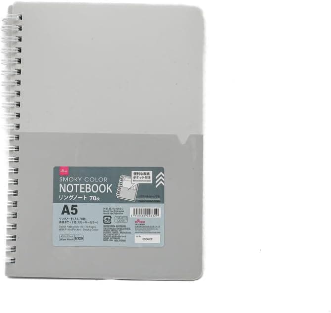 Daiso A5 Spiral Notebook - 70 Pages with Front Pocket - Smoky Color - White