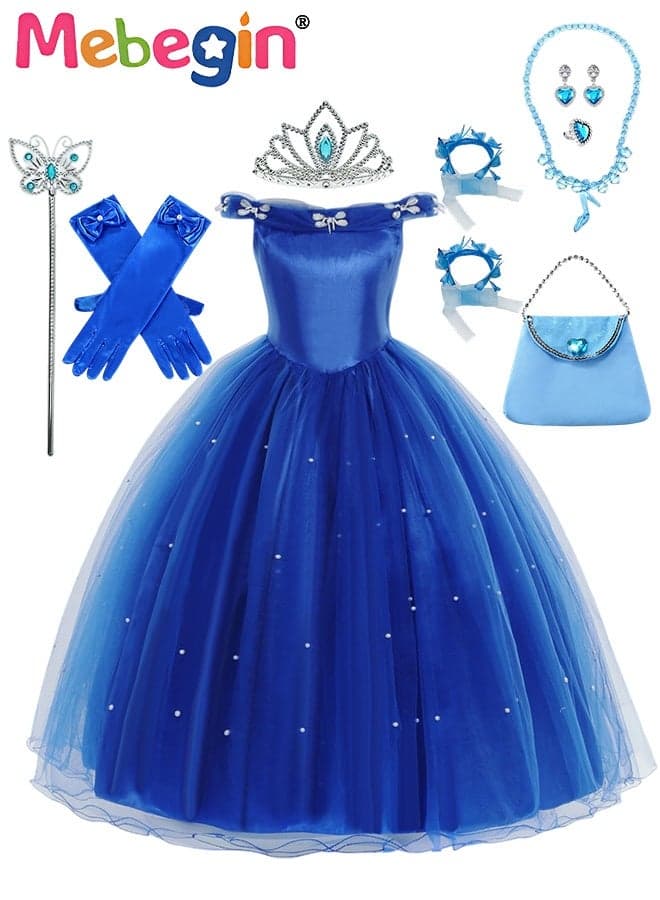 Deluxe Princess Costume Set with 7PCS Accessaries, Fancy Elegant Off Shoulder Frock, Fairy Dress with Exquisite Decoration, Suitable for Party, Birthday, Funfair, Stage Performance, Cosplay and Any Other Special Occasions