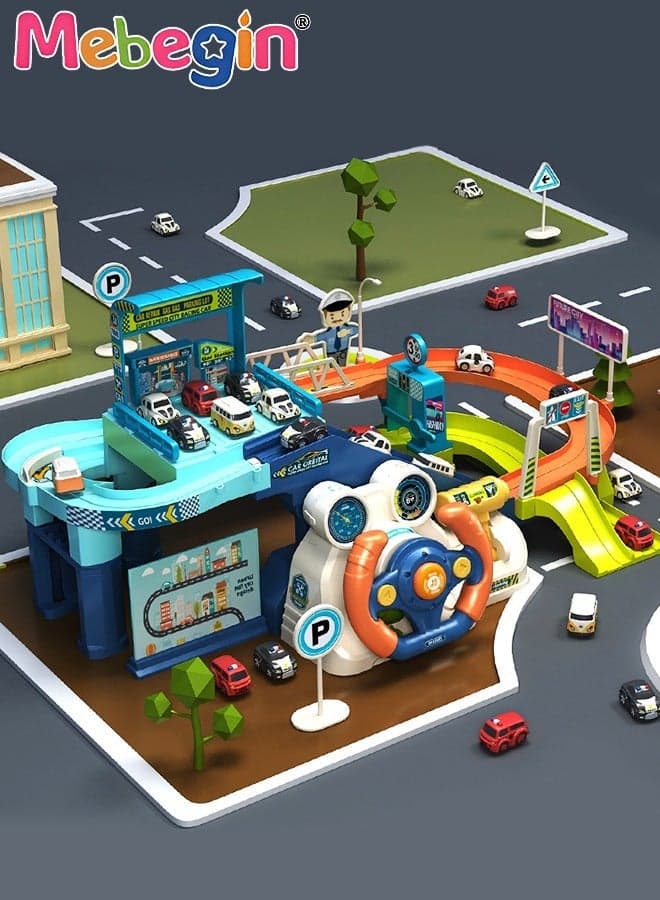 Electric Steering Wheel Garage Toy Set with Music Car Vehicle Building Parking Lot Race Tracks for Kids with 4 Random Cars City Traffic Track Cars for Preschool Gifts