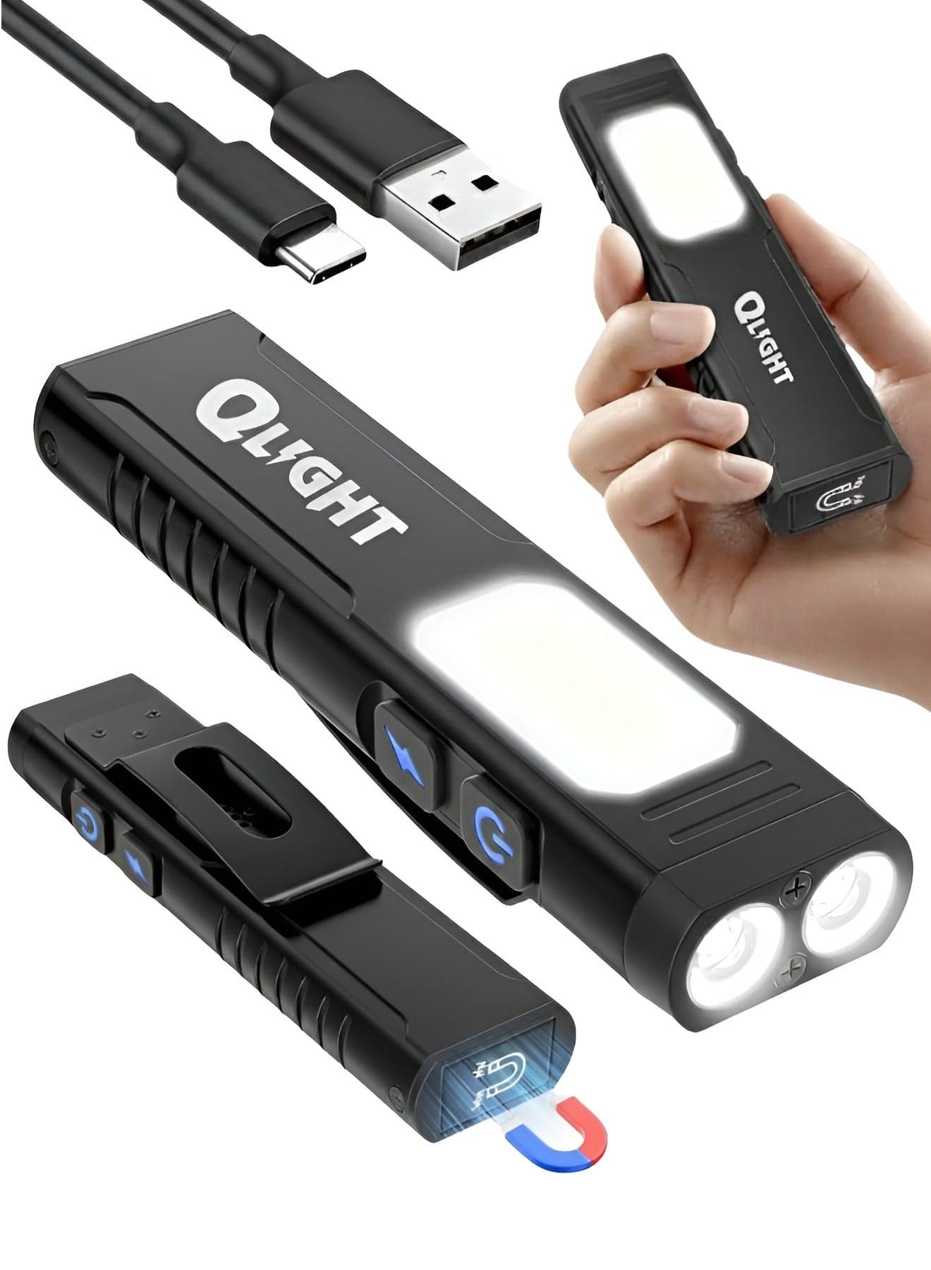 LED EDC Flashlight Rechargeable Aluminum Alloy with Side Light COB Mini Flashlights with Clip, Magnetic Foot, 7 Modes, USB C Cable Flash light for Camping, Emergency, Tool