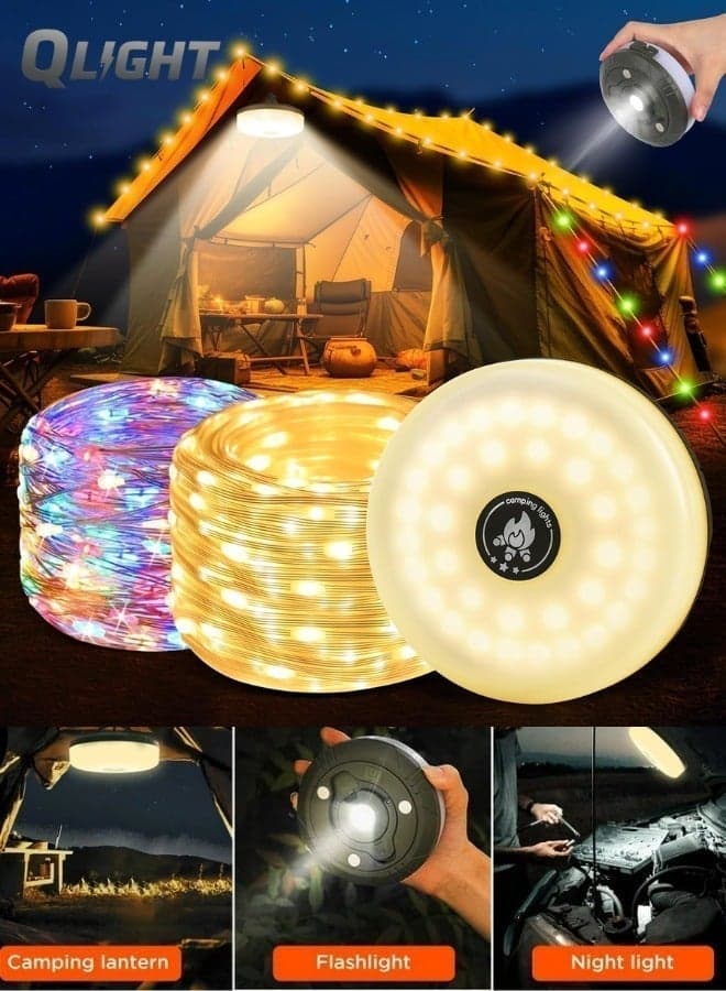 Camping String Lights, 4 in 1 Outdoor Camping Lantern with 8 Lighting Modes(32.8Ft), Quick 30s Recovery, Waterproof, Type-C Fast Charging, Portable Camping Lights for Camping/Yard/Hiking