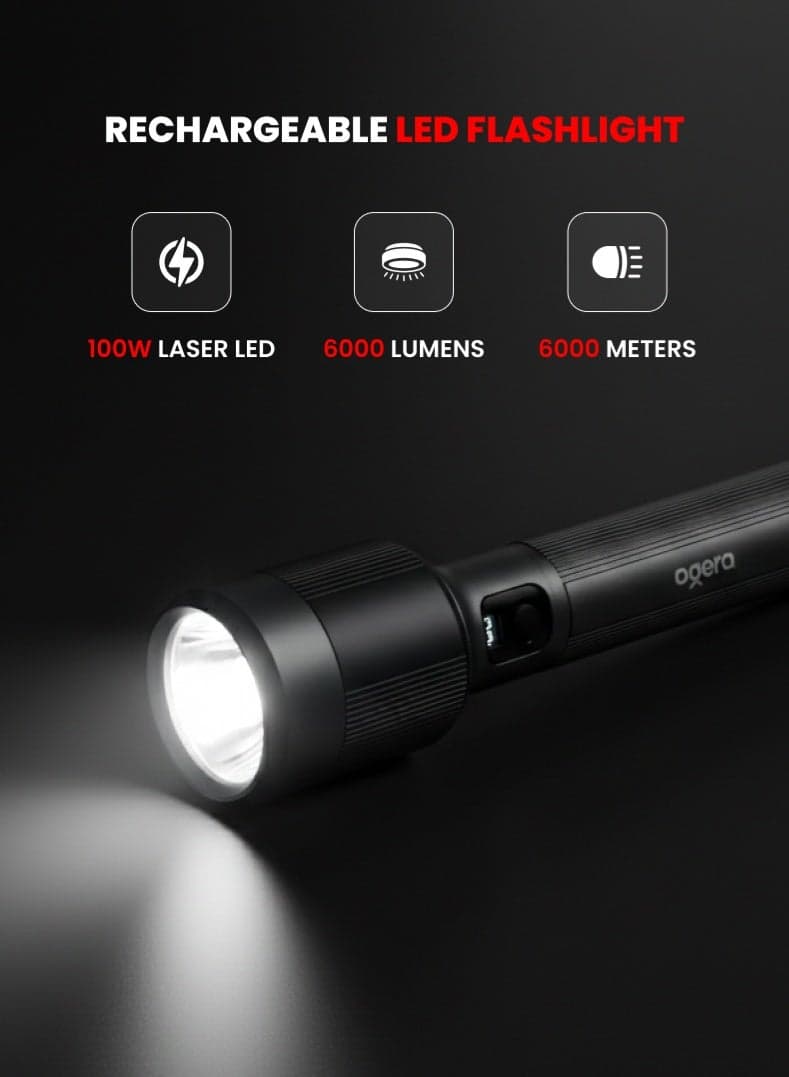 Rechargeable LED Flashlight | 100W High-Power Laser Light | 6000 Lumens Brightness | 6000m Long-Range Beam | USB Type-C Charging | IPX7 Waterproof | Zoom Function & SOS Mode | 2-Year Warranty | OG1019SL | Black