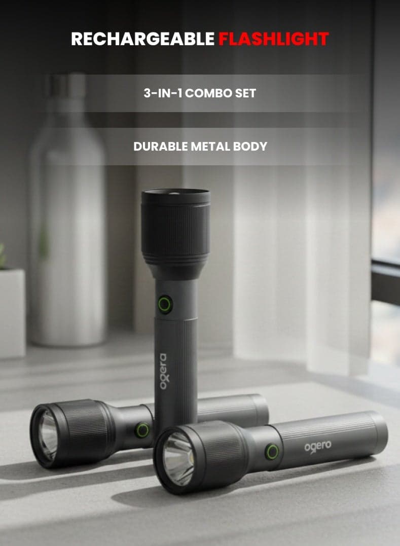 Rechargeable LED Flashlight | 30W High-Power Laser Torch | 3000 Lumens Brightness | 4000m Long-Range Beam | USB Type-C Charging | IPX5 Waterproof | Zoom Function & SOS Mode | 2-Year Warranty | OG1100SLC23 | Black