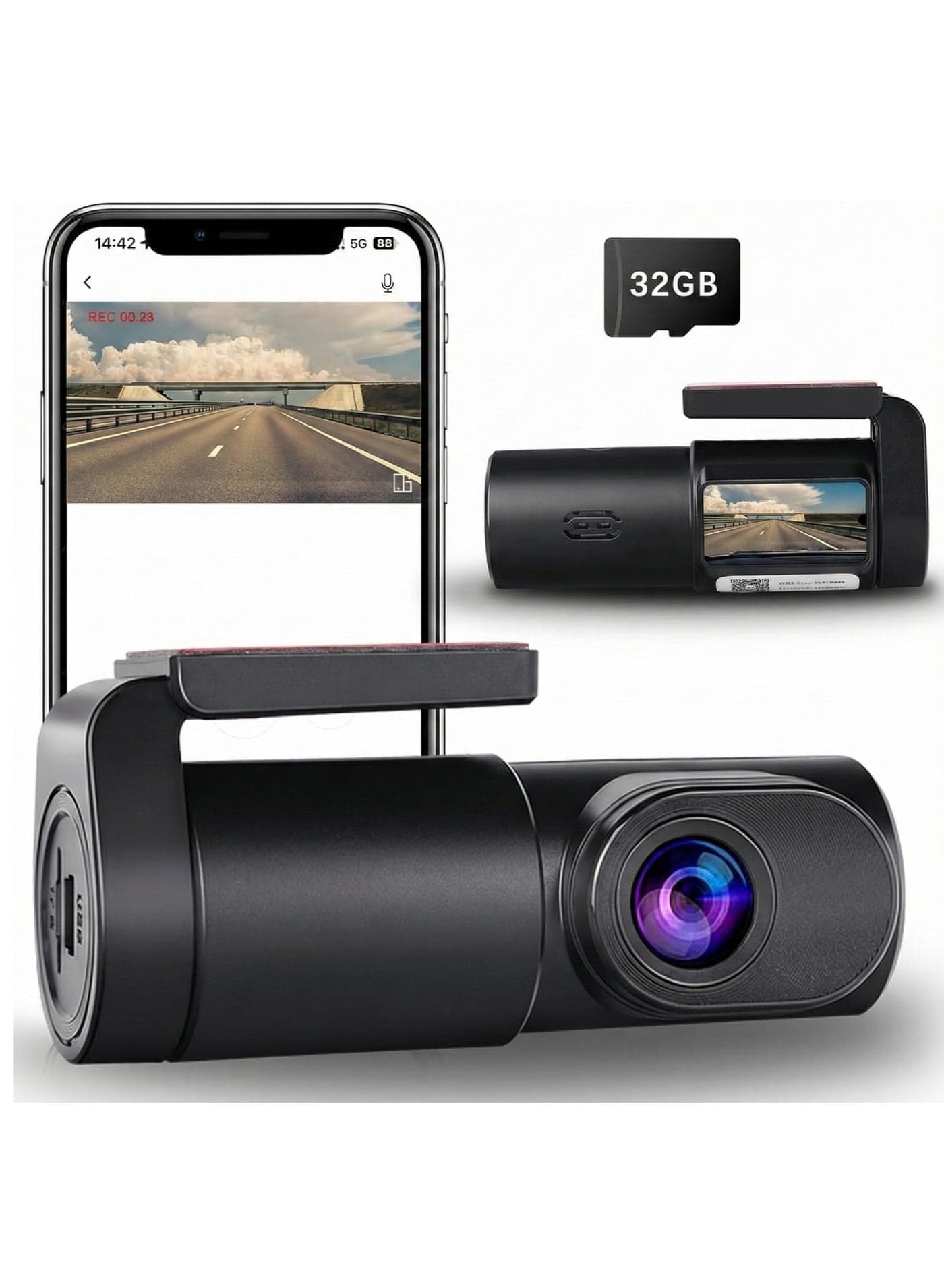 Dash Cam Front- 1080P FHD Front Dash Camera for Cars with APP Free 32GB Card|Night Vision|Loop Recording|High-temperature resistant|G-Sensor|WDR|24H Parking Monitor|Type C
