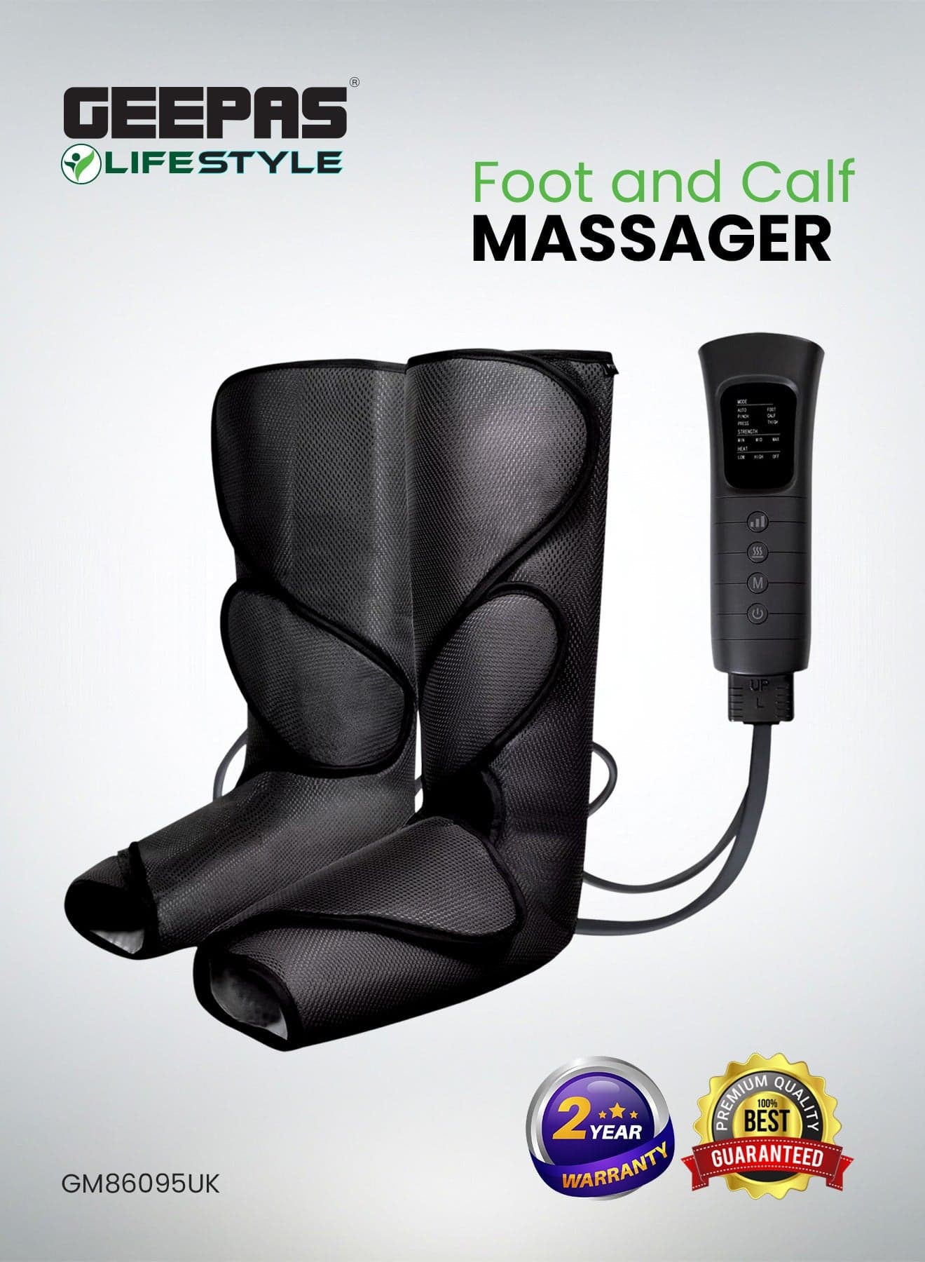 Foot and Calf Massager 6 Modes| Heating and Vibration Function, All Round Massage| Ideal for Athletes, Seniors, Perfect for Relaxation, Deep Tissue Massage, Acupressure| 2 Years Warranty GM86095UK Black
