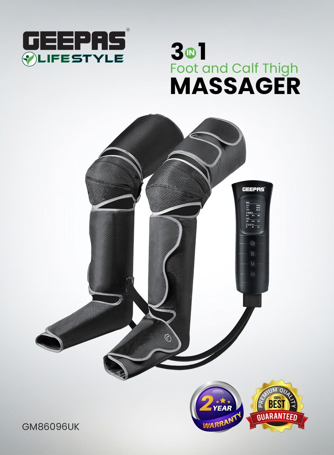 3-in-1 Foot, Calf and Thigh Massager| 6 Modes, with Adjustable Straps, 20 Minutes Timer, 2x2 Airbags | 3 Vibration Levels and Intensity Selection| Ideal for Athletes, Seniors, Perfect for Reducing Muscle Tension and Pain| 2 Years Warranty GM86096UK Black