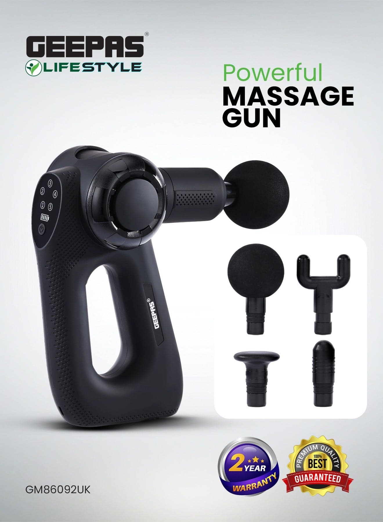 5-Speed Powerful Massage Gun| LED Indicator, Folding Design with 3 Adjustable Angles| Includes Round, Flat, Precision and Dual Heads| Relieves Muscle Soreness and Stiffness, Massager for Shoulder, Back, Full Body Relaxation| 2 Years Warranty GM86092UK