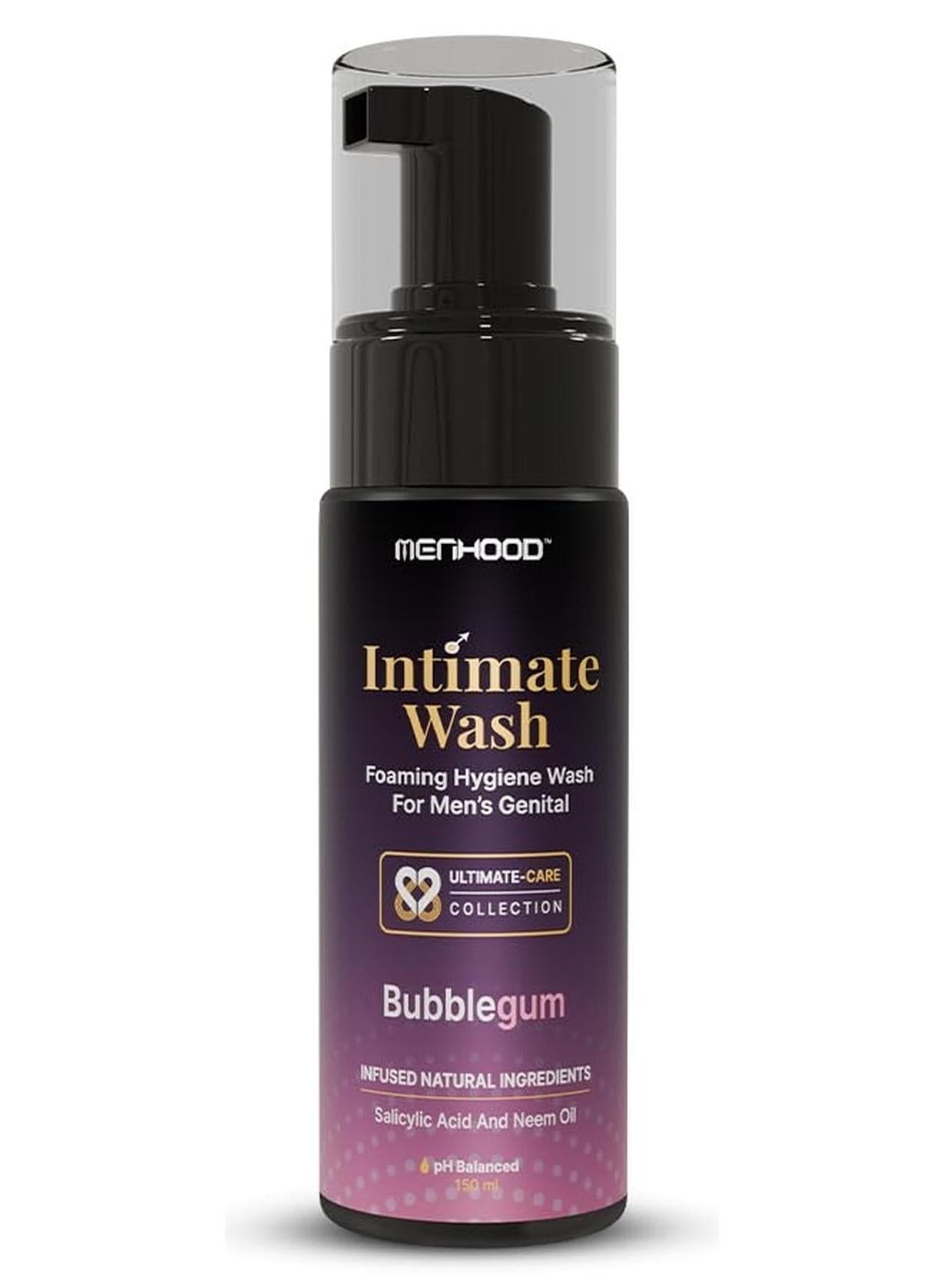 MENHOOD Intimate Wash for Men 150 ML| Tea Tree Oil Essential Neem Oil |Anti-Fungal Foaming Wash | PH Balanced |Skin Brightening | Long- Lasting Freshness (Bubble Gum)