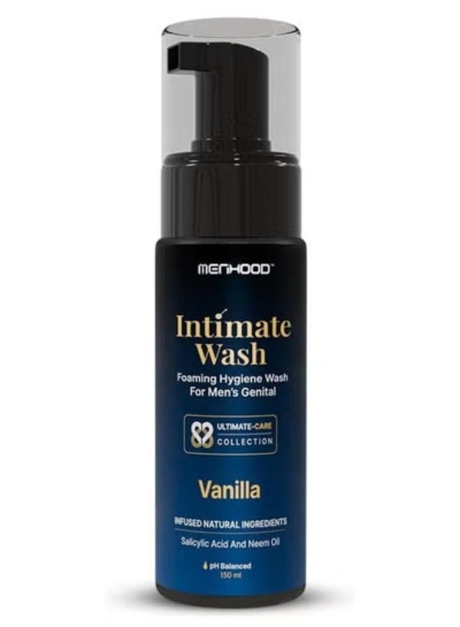 MENHOOD Intimate Wash for Men 150 ML| Tea Tree Oil Essential Neem Oil | Men Genital Wash |Mens Ball Hygiene |Anti-Fungal Foaming Wash | PH Balanced |Skin Brightening | Long- Lasting Freshness (Vanilla)