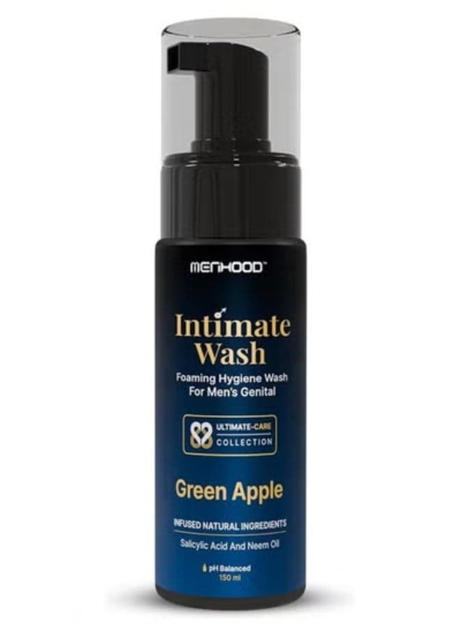 MENHOOD Intimate Wash for Men 150 ML| Tea Tree Oil Essential Neem Oil | Men Genital Wash |Mens Ball Hygiene |Anti-Fungal Foaming Wash | PH Balanced |Skin Brightening | Long- Lasting Freshness (Green Apple)