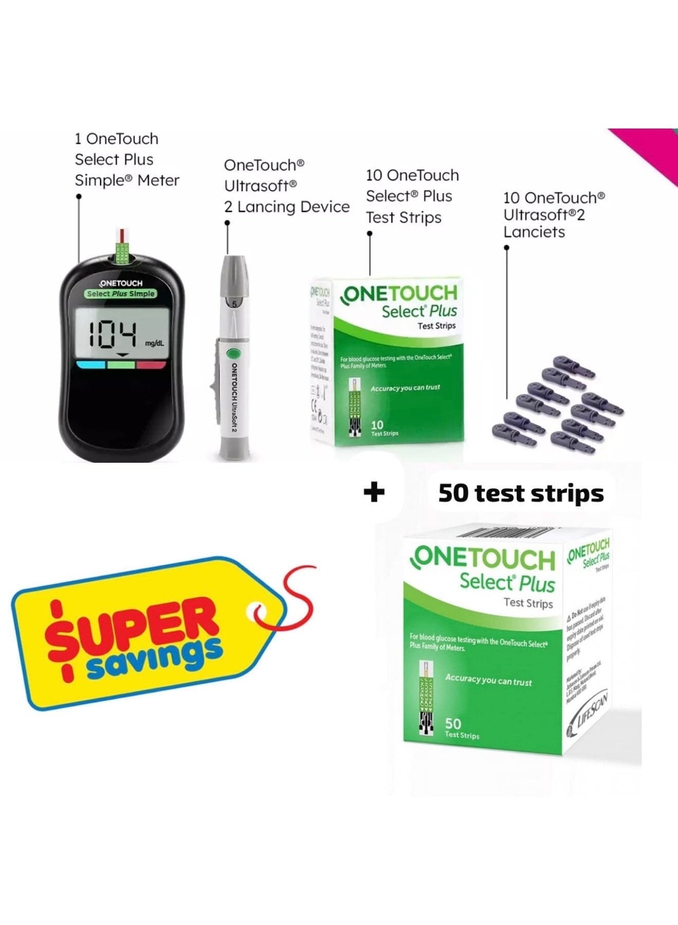 OneTouch Select Plus Simple Bundle glucometer machine with 50 Test Strips + 10 Strips Free | Simple & accurate testing of Blood sugar levels at home, Global Iconic Brand, Includes 10 Sterile Lancets + 1 Lancing device, Black