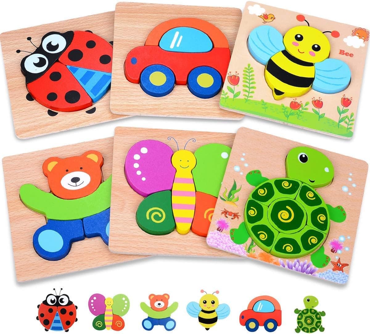 Wooden Toddler Puzzles Gifts Toys for 1 2 3 Year Old Boys Girls Baby Infant Kid Learning Educational 6 Animal Shape Jigsaw Eco Friendly Child Kid Montessori Stem Travel Toy