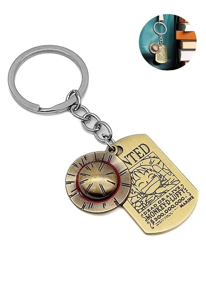 One Piece Keychain, Premium Gold Finish Luffy Collectible, One Piece Merch with Straw Hat & Wanted Tag