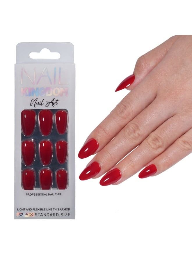 32Pcs Press On False Nails,Short Red Almond-Shaped Nails, Perfectly Create a Fashionable Nail Art Effect. Fake Acrylic Nails With Glue Kit.