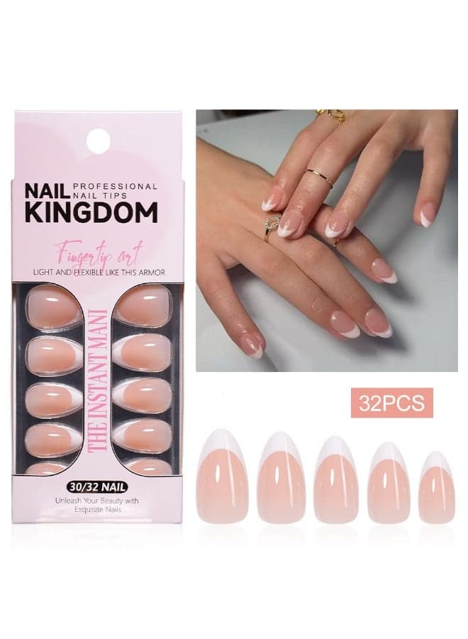 32Pcs Press On False Nails,Short Nude French Almond Nails, Perfectly Create a Fashionable Nail Art Effect. Fake Acrylic Nails With Glue Kit.False Nails Art DIY Gifts For Women.