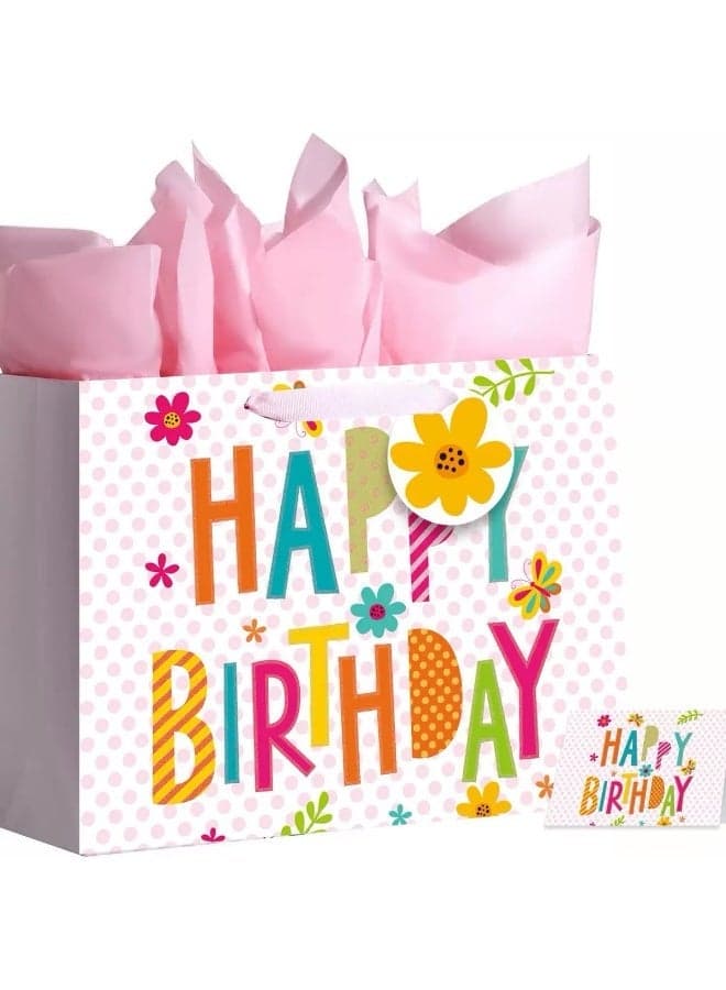 Pink Gift Bag With Tissue Paper For Happy Birthday Large Gift Bags For Tissue Papers And Stickers For Kids, Women, Girls, Baby Shower, Newborn, New Moms Or Parents,33*12*26cm.