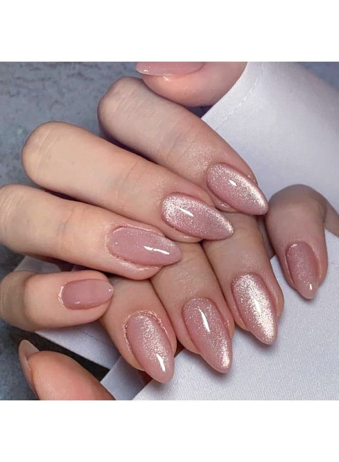 24pcs Press On False Nails,Short Almond beige nude cat eye glossy nail art sheets,Can Be Reused.Fake Acrylic Nails With Glue Kit.