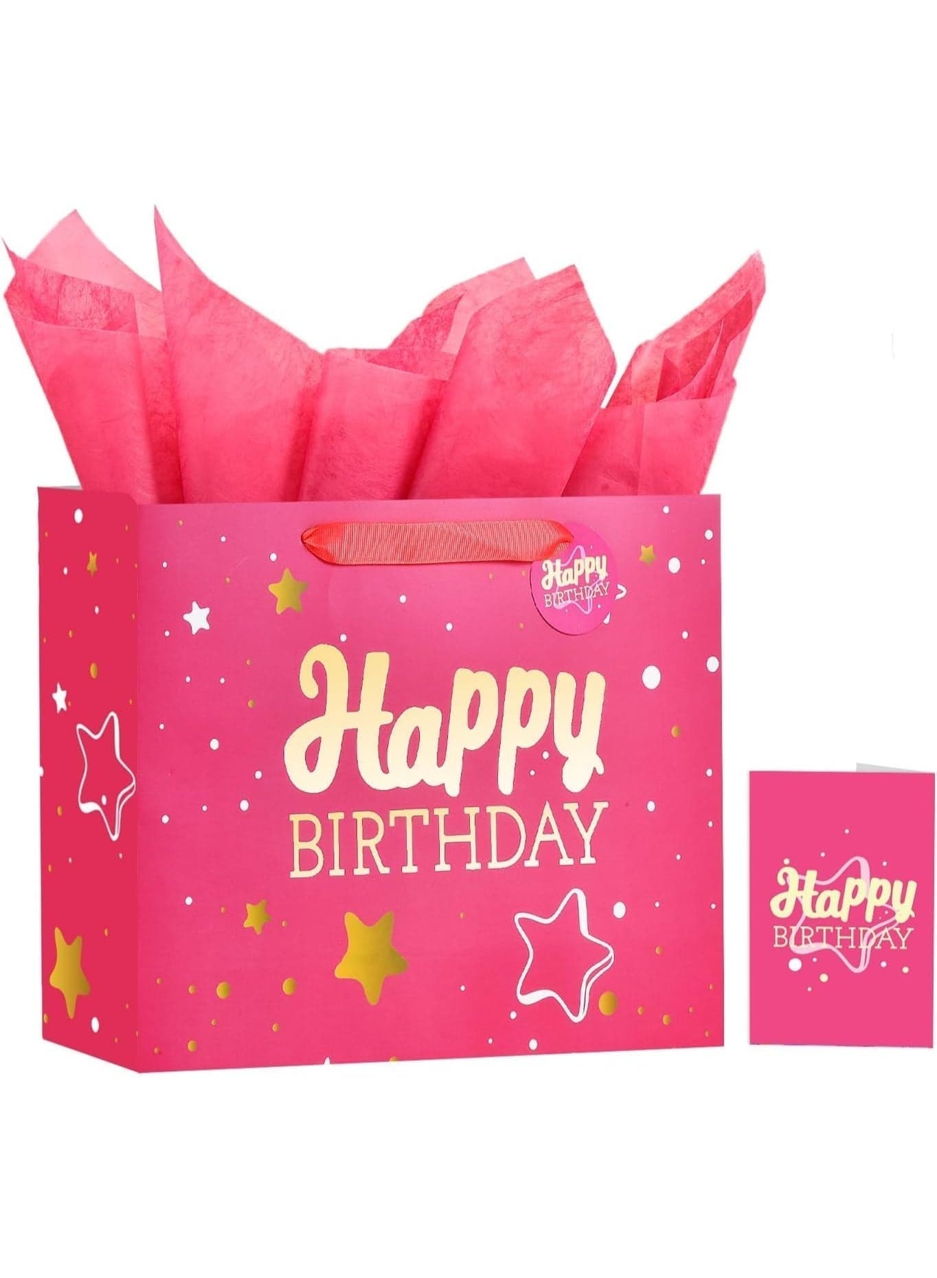 Pink Happy Birthday Gift Bag with Tissue Paper and Greeting Card for Party,Happy Birthday Gift Bag for Men Women,Gift Bags Medium size(1 PCS 33*12*26cm Pink Hot Stamping)