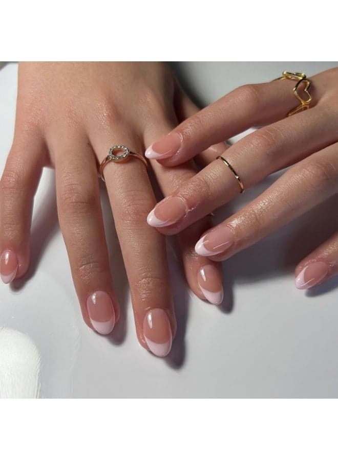 24pcs Press On False Nails,Short Pink Round French Nail Art Sheets,Can Be Reused.Fake Acrylic Nails With Glue Kit.
