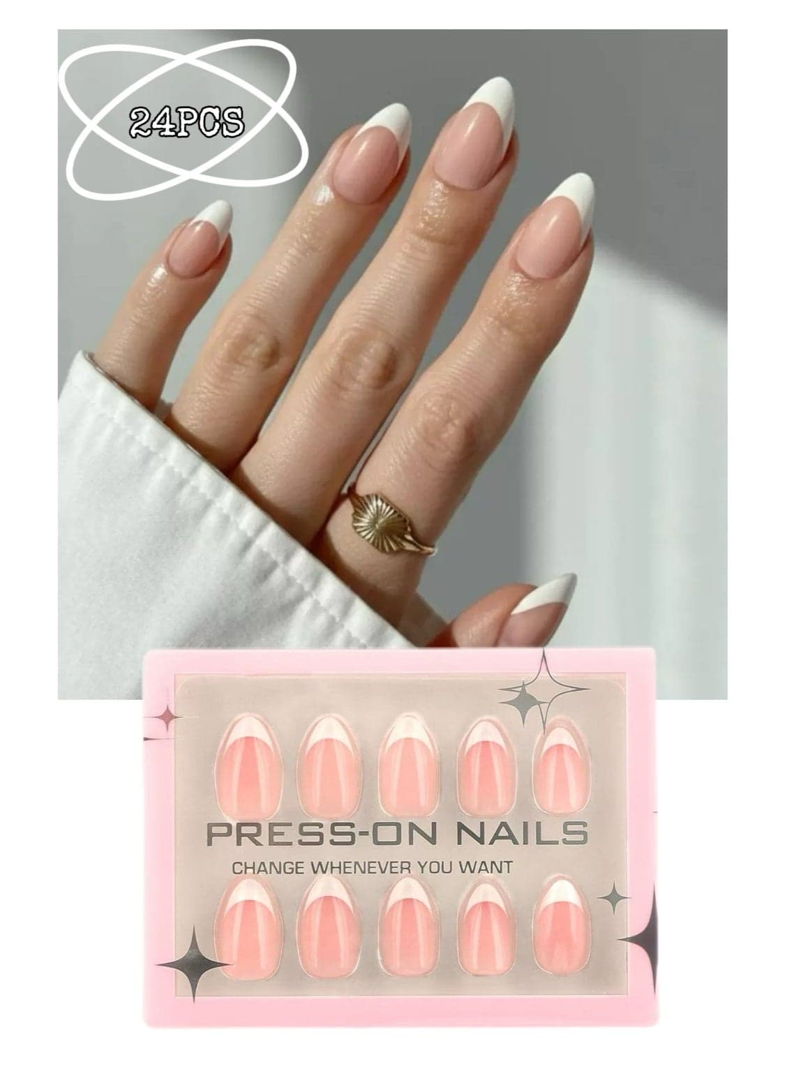 24PCS Press On False Nails, French Tip Nails, Uv Finish Short Pointed Almond Shape, Salon Quality Semi-Transparent Nails In 12 Sizes,Fake Acrylic Nails With Glue Kit.