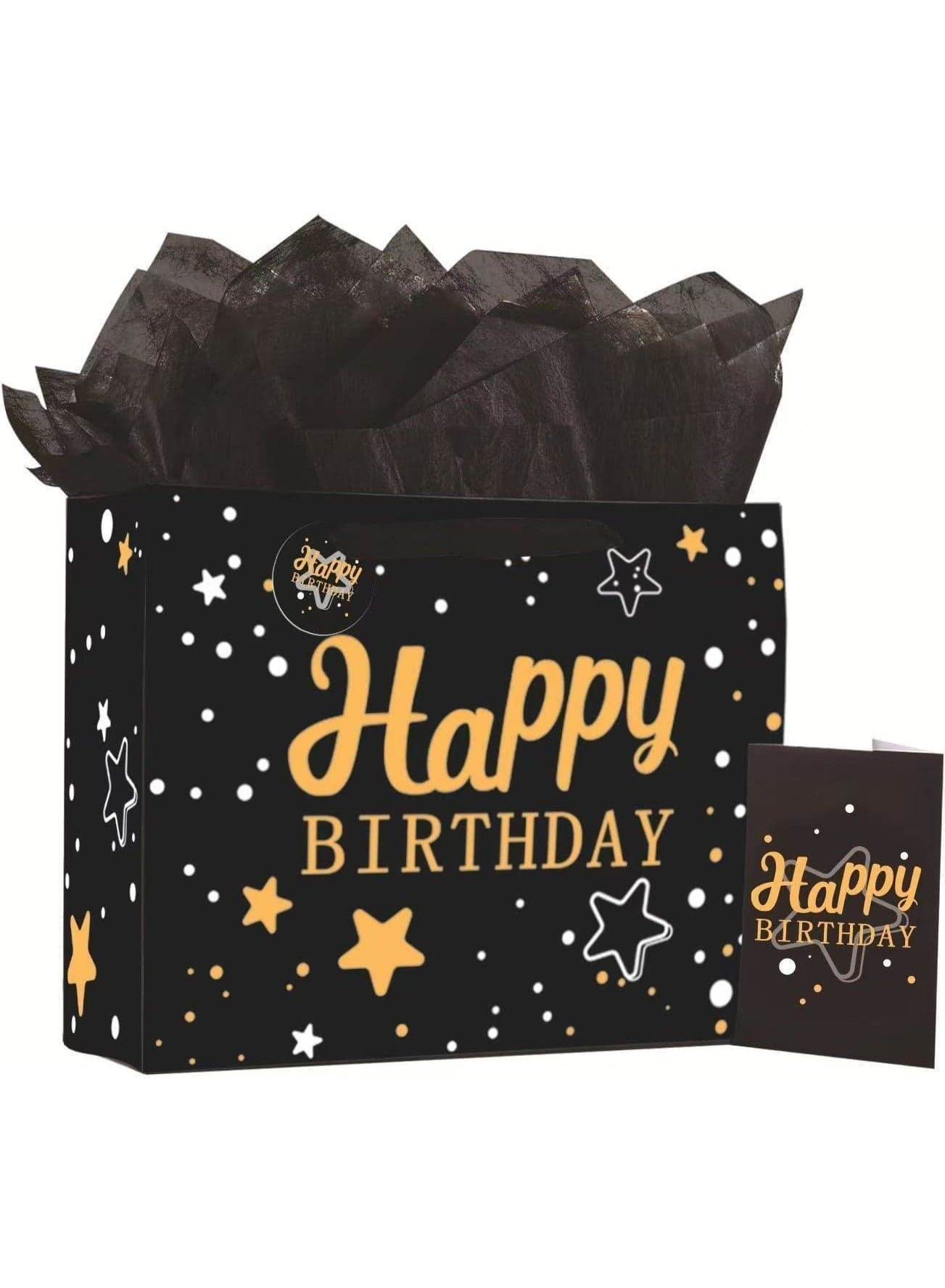 Black Happy Birthday Gift Bag with Tissue Paper and Greeting Card for Party,Happy Birthday Gift Bag for Men Women,Gift Bags Extra Large(33*12*26cm 1 PCS Black Hot Stamping)
