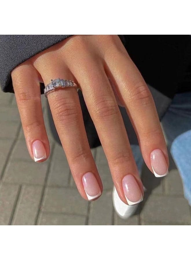24pcs Press On False Nails,Short French Pink Glitter White Square French Manicure, Perfectly Showcasing Elegant Temperament And Individual Charm In Nail Art Choice.Fake Acrylic Nails With Glue Kit.