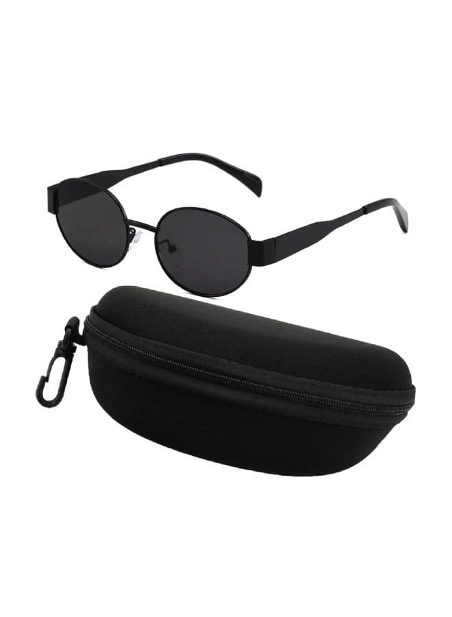 Retro Oval Metal Sunglasses with Case – Black Frame with Black Lenses, Small Frame Fashion Eyewear