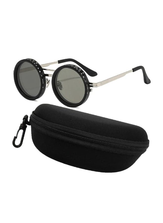 Handcrafted Round Sunglasses with Protective Case – Rotating Adjustable Brightness, Metal Frame – Fashion Style (White, Red, Champagne)