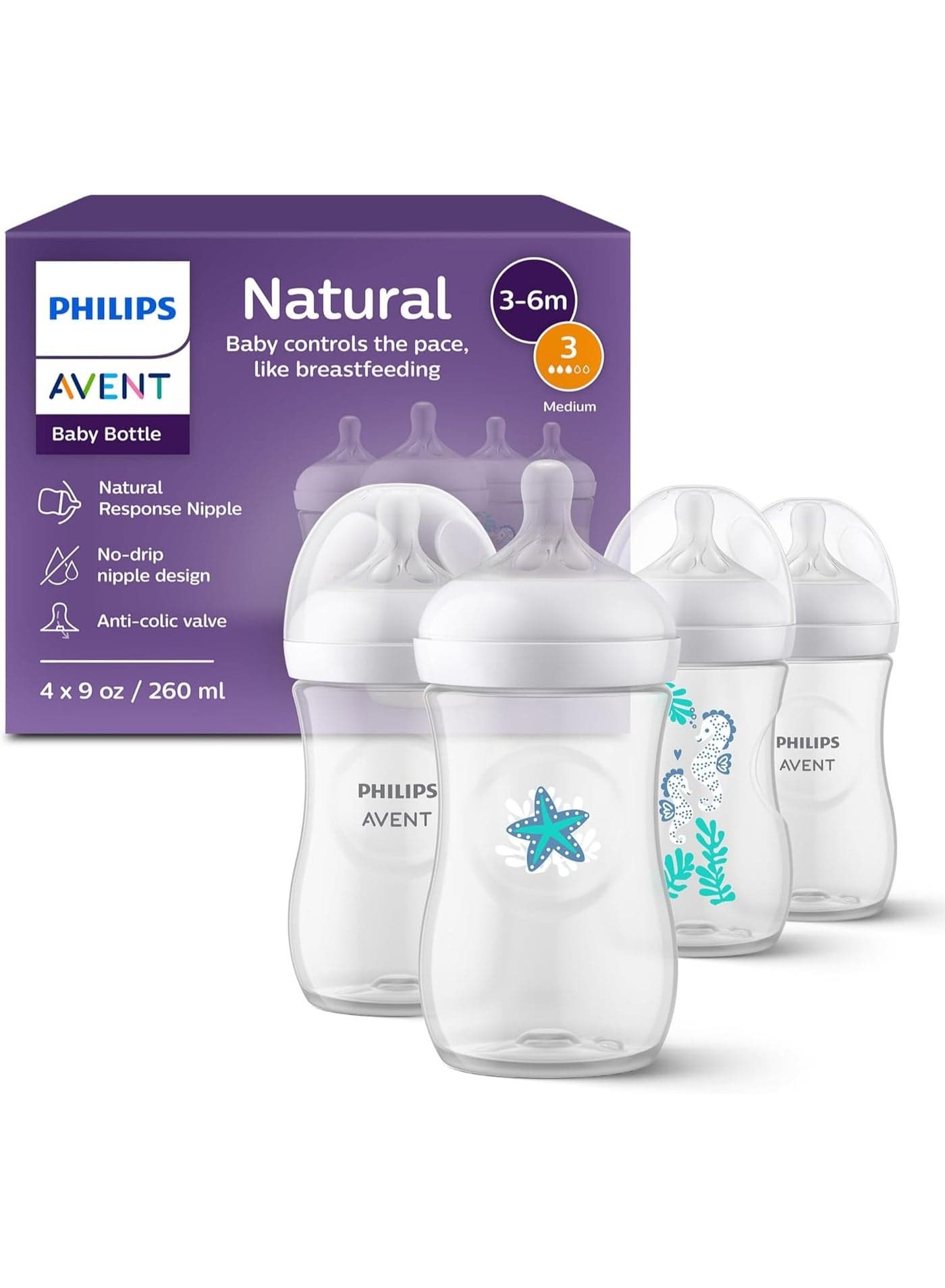 Natural Baby Bottles with Natural Response Nipples (Medium Flow, Flow 3), with Sea Design, 9oz/260ml, 4-Pack