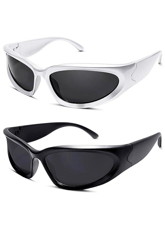 2 Pairs Y2K Wrap Around Sunglasses Sports Futuristic Oval Glasses for Women Men Trendy Fashion Shades