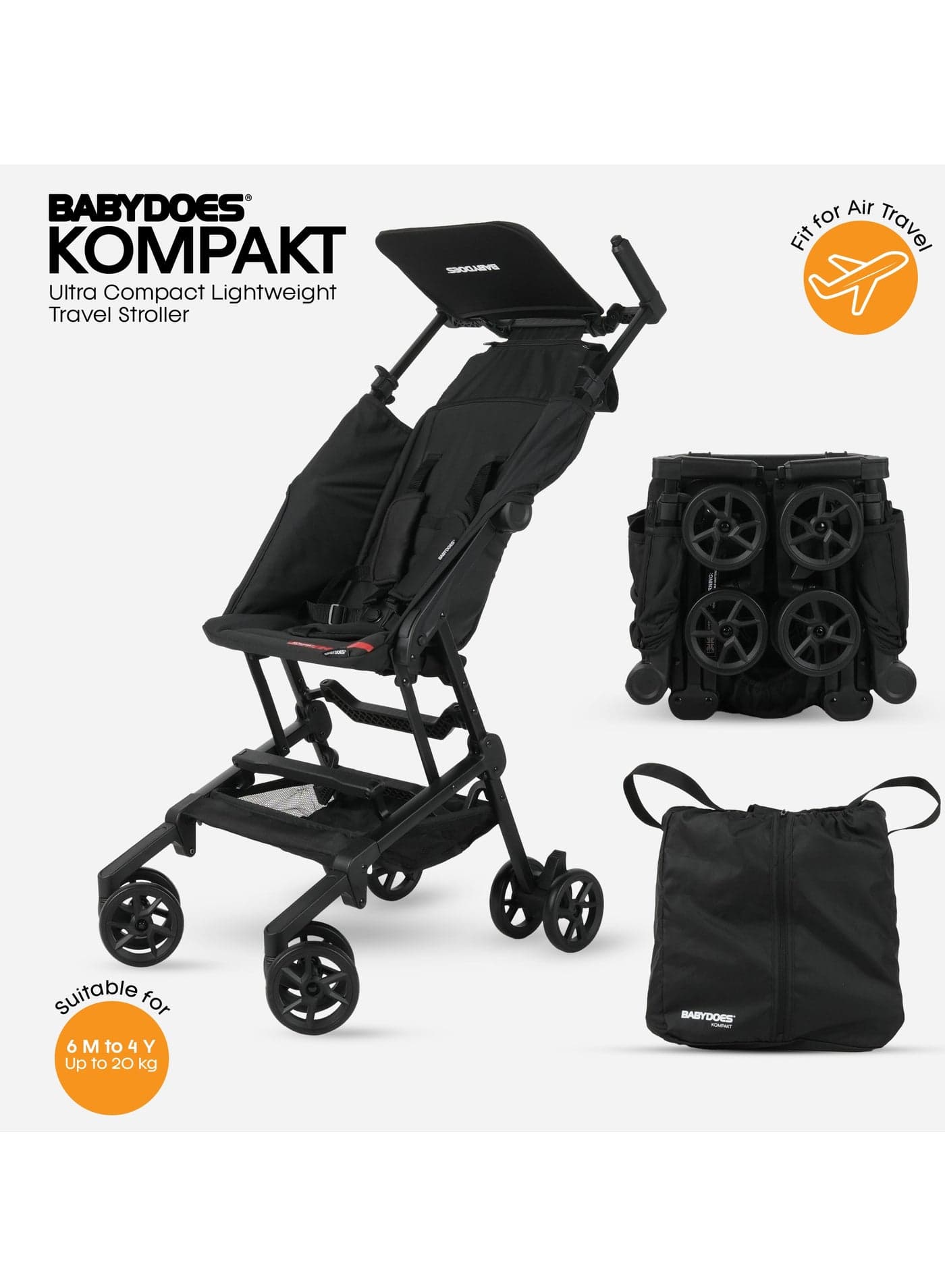 Kompakt- Ultra Compact Travel Stroller, Quick Fold with Folding Lock, Air Travel Friendly, For 6 M to 4 Y– Black