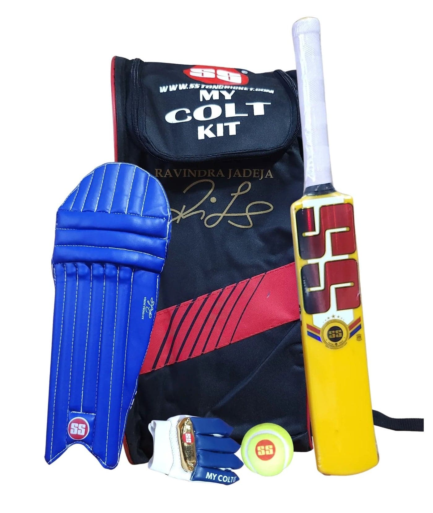 SS My Colt Junior Cricket Kit Set (Ravindra Jadeja Edition) -Size 1 | Starter Set for Kids Age7-8 years includes Bat, Ball, Bag, Batting Gloves, Batting Pads