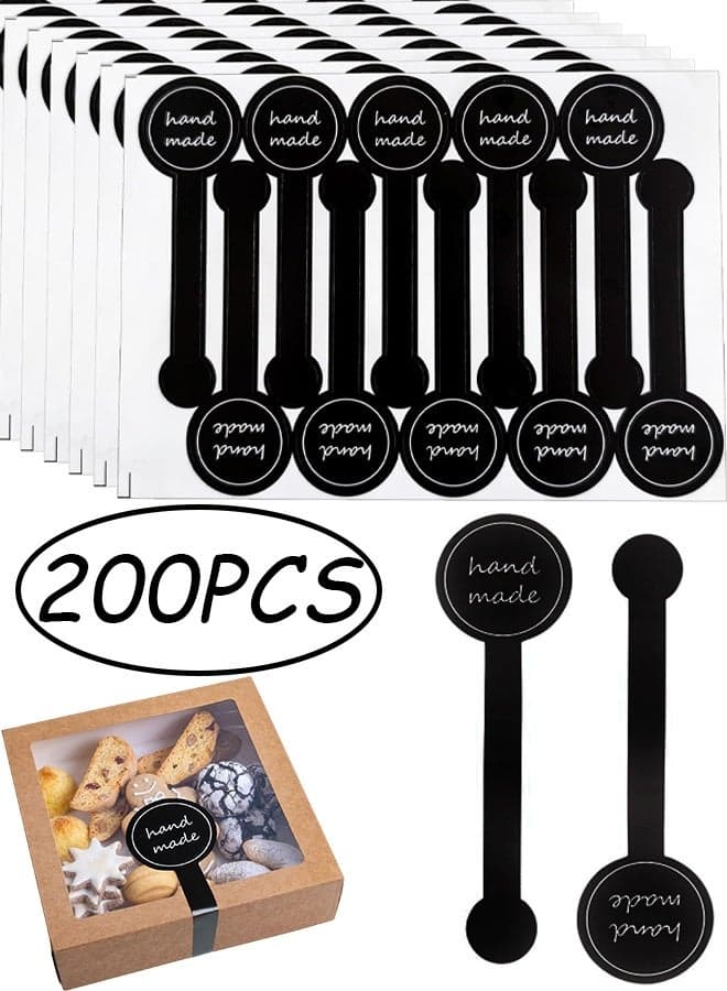200 Pcs Handmade Food Baking Label Stickers Handmade Food Long Baking Seal Labels Retail Package Black Bakery Sticker Sealing Labels Tamper Proof Sticker for Lollipop Candy Bread Gift