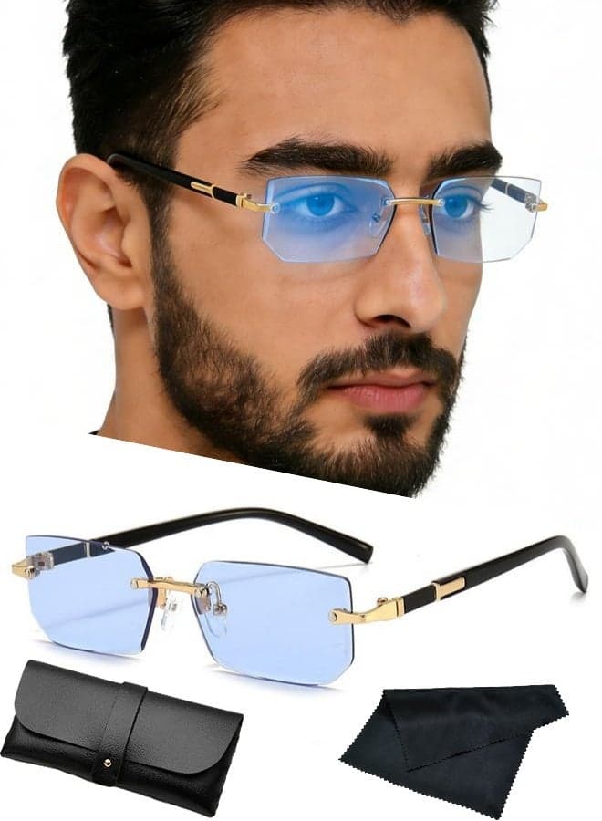 New Rimless Fashion Trend Sunglasses with Glasses Case and Cleaning Cloth UV Protection Unisex Style for Beach Trips Daily Commutes Outdoor Sports Travel Adventures Festive Gatherings Casual Outings,Transparent Blue