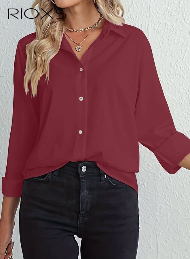 Womens' Button Down Shirt, Classic Long Sleeve Collared Tops, Loose Fit Business Casual Work Outfits, Basic Office Blouse, Red Shirt for Ladies, Comfortable Dressy Shirts Matched with Jeans, Skinny Leggings, Hot Pants and Various Shoes