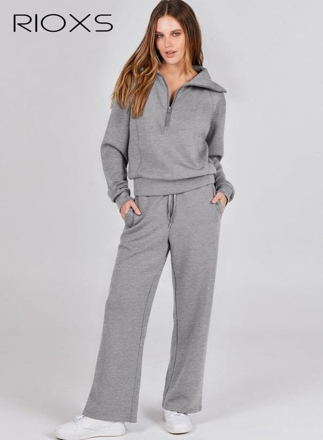 Women's 2 Piece Tracksuit Sets, Fall Lounge Outfits, Casual Lapel Long Sleeve Half Zip Sweatshirt and Loose Wide Leg Drawstring Sweatpants with Pockets, Spring Winter Tracksuit for Travel Jogging Workout, Grey
