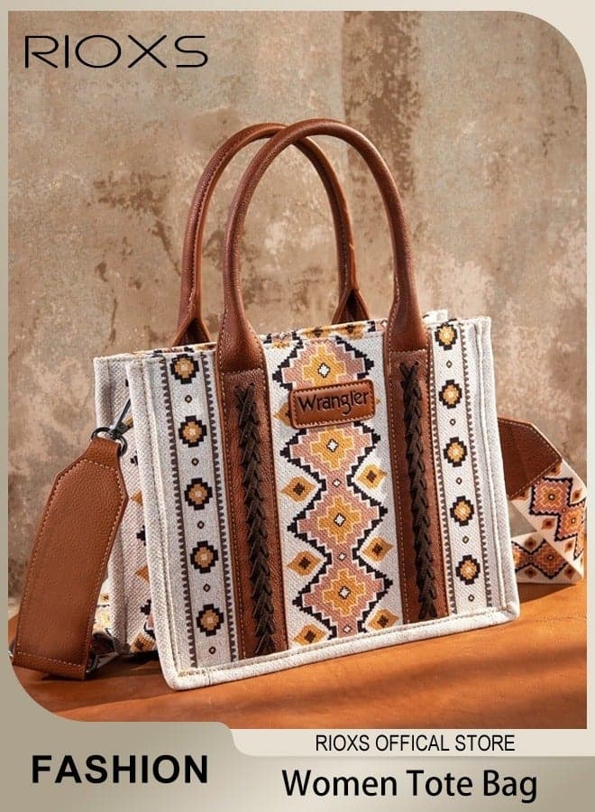 Womens Tote Bag, Boho Geometric Patterned Canvas Crossbody Bag with Leather Top Handle, Dainty Handbag Purses Shoulder Boho Aztec Handbags with Adjustable Strap for Beach Vacation Dating