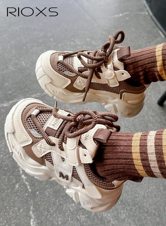 Kids Sneakers, Girls Boys Tennis Shoes, Comfy Breathable Mesh Athletic Shoes for Toddler/Little Kid/Big Kid, Lightweight Anti-slip Wedge Running Shoes, Lace-up Chunky Sneaker, Khaki