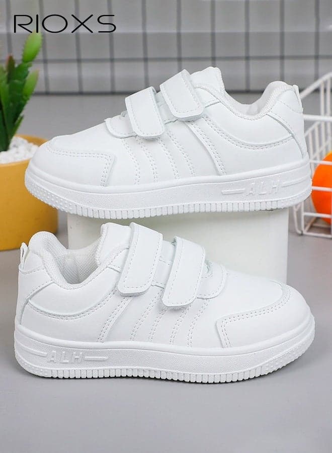 Kids' Waterproof White Casual Sneakers, Breathable Faux Leather with Velcro Closure and Non-Slip Rubber Sole, Comfortable Walking Shoes for Girls, Lightweight Everyday Sneakers for Boys, Perfect for School, Strolls, Daily Wear, and Sports, White