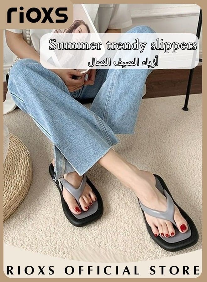 Women's Flip Flops, Lightweight Thong Slides for Women, Anti-slip Square Toe Flat Slippers, Ladies Slip On Shower Slippers, Flip Flop Sandals for Beach, Womens Fashion Flip-Flops, Soft Comfort Flip-flops Slipper, Minimalist Flip Flops Grey Open-toed Footwear