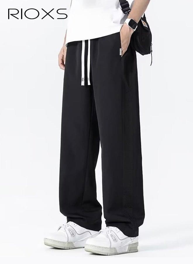 Men's Ice-Silk Straight-Leg Pants, Lightweight and Cool Summer Casual Pants with Drawstring, Elastic Waistband, Breathable Mesh Panels, Relaxed Fit, Soft and Stylish Athletic Pants, Versatile for Everyday Casual Wear, Black