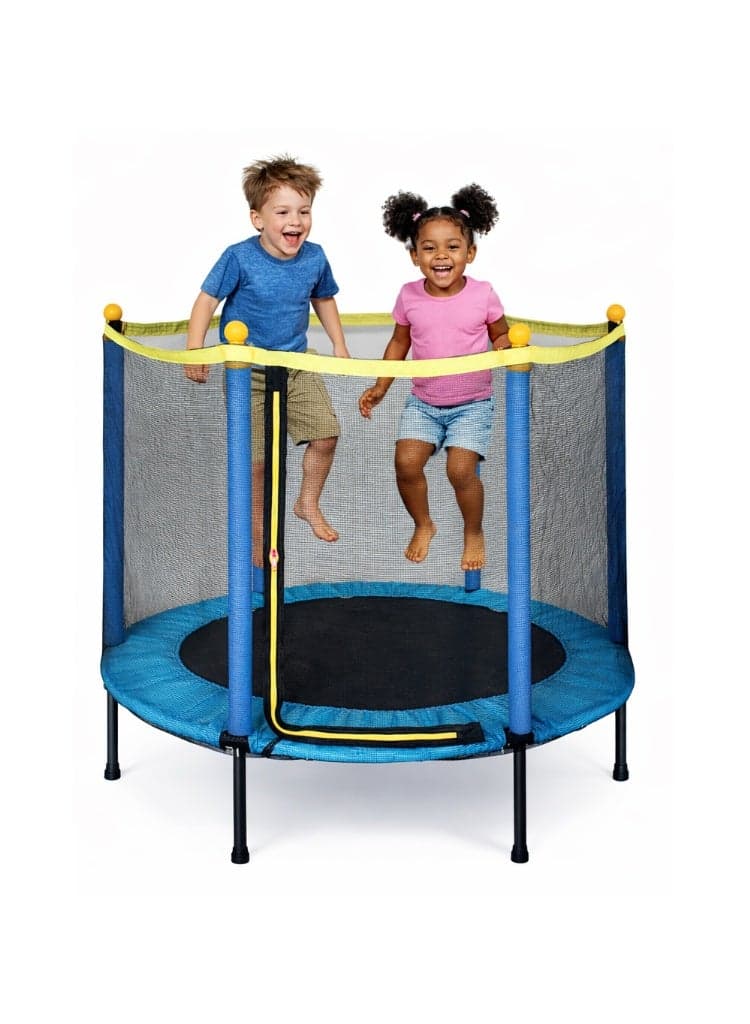 Kids Exercise Trampoline with Safety Net, Heavy Duty Metal Structure, Foam Covered Support Poles, Flexible Jump Surface, Backyard Indoor Play Equipment for Children