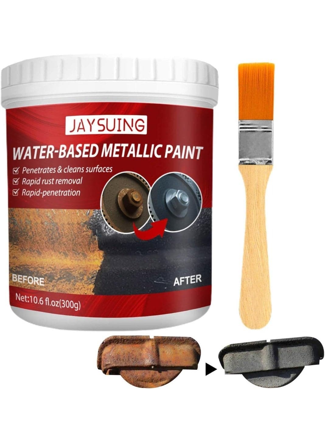 JAYSUING Water-Based Metallic Paint Rust Remover Coating Water-based metallic paint designed to remove rust, protect metal surfaces, prevent corrosion, provide long-lasting shine, easy brush application, fast drying, suitable for indoor and outdoor metal use.