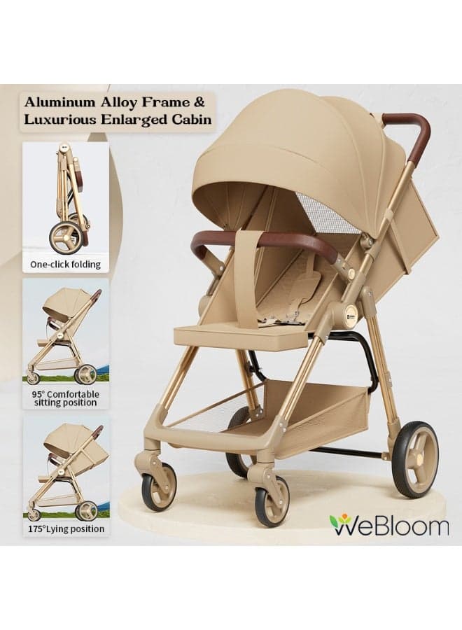 Portable One-Touch Folding Baby Stroller|Lightweight Aluminum Frame| Enlarged Cabin With Adjustable Backrest|Excellent 360° Shock-Absorbing Wheels|Enlarged UV50+ Protection Cannopy|5-Point Safety Harness|2 In 1 Sit & Lie Down Dual Mode|Extra Storage Basket|Detachable Cushion + Guardrail| Large Size Breathable Travel Stroller For 6-36 Months Baby|Beige