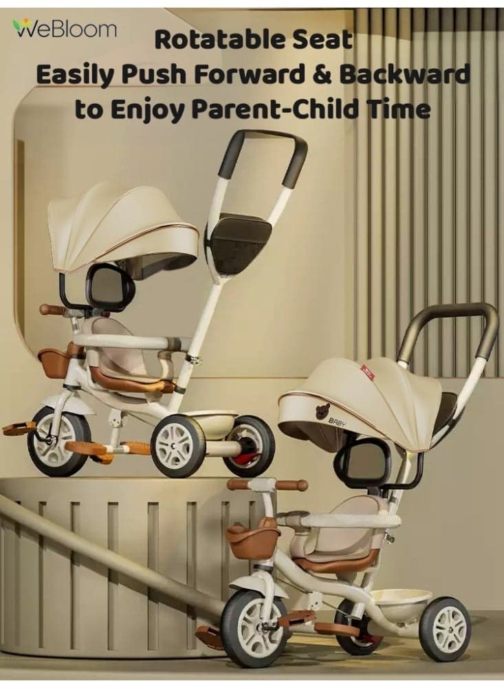 4-in-1 Baby Stroller, 3 Wheel Travel Stroller,2-way Swivel Seat for Toddler Boys and Girls,with Seat Belt,Adjustable Push Handle, Removable Canopy,Toddler Stroller Or Ride-On Bike with Dual Safety Brakes for 8 Months-6 Years (Beige).