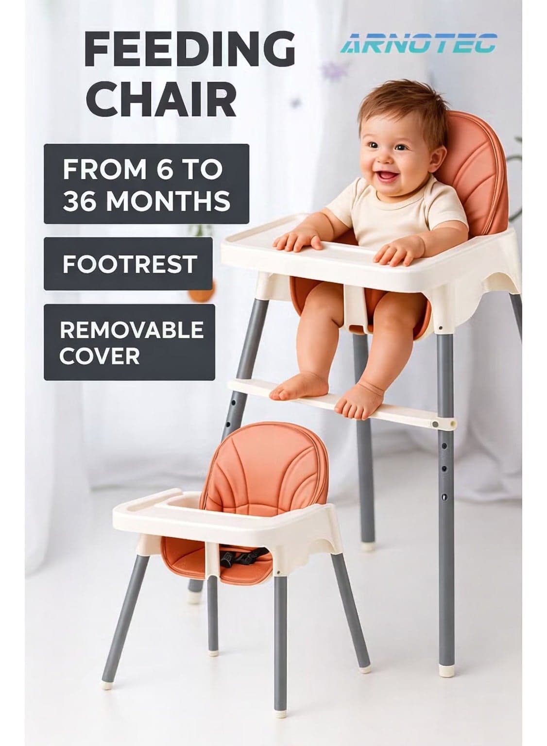 Baby High Chair – Adjustable Toddler Highchair with Removable Tray, 3-Point Harness, Footrest, Easy to Clean, Removable for Storage, Ideal for Babies 6 Months to 6 Years