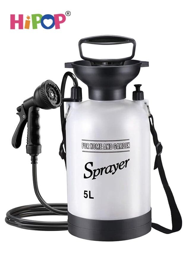 Portable Pressure Shower Sprayer, 5 Liters, Ideal for Camping, Multiple Spray Modes, Hand Pump Camping Shower, Includes Hose And Shower Head, Hiking Shower, Garden Sprayer, Pet Shower (White)